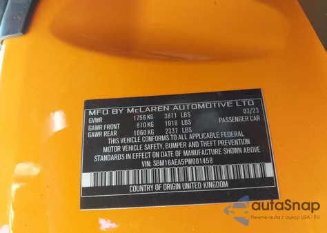 2023 Mclaren Artura Performance/Techlux/Vision z USA, uszkodzony, nr VIN SBM16AEA5PW001458